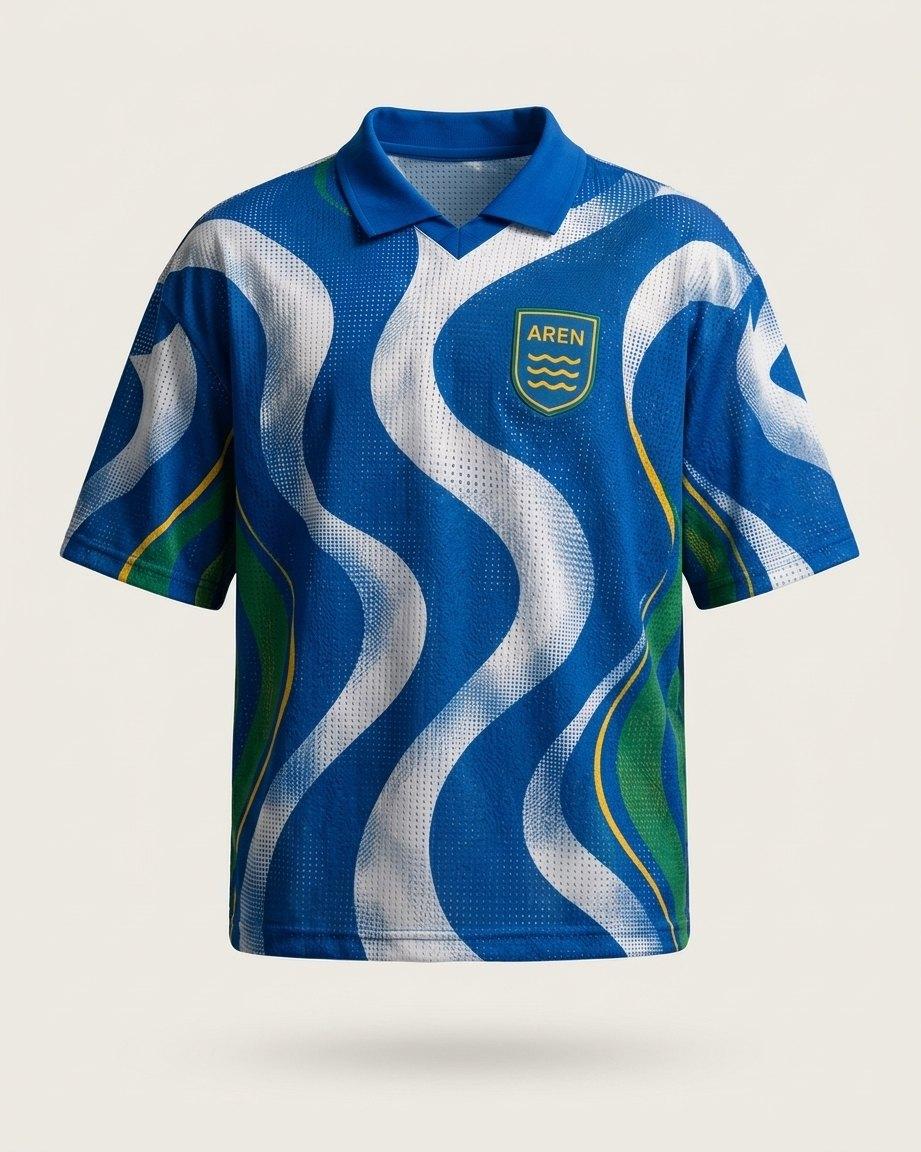Camisa Brasil Azul 02 em azul royal com ondas brancas, verdes e amarelas