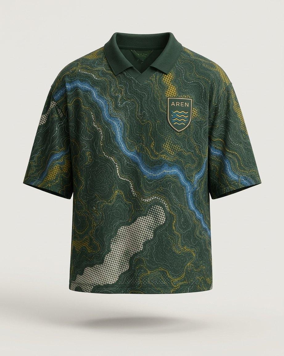 Camisa Brasil Rio 01 em verde floresta com estampa de mapa das águas em azul e amarelo