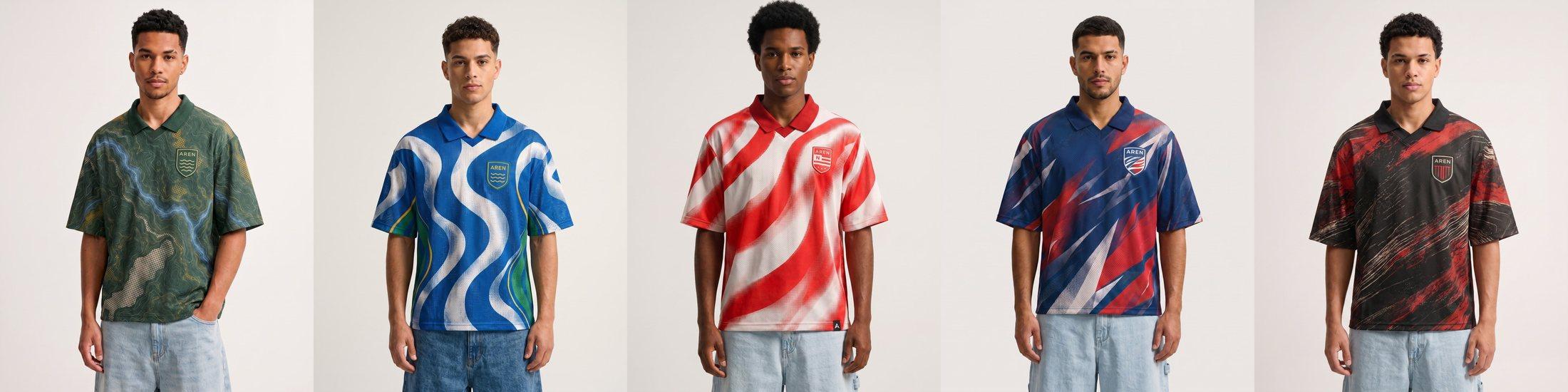 As cinco camisas da coleção Capítulos lado a lado (imagem provisória)