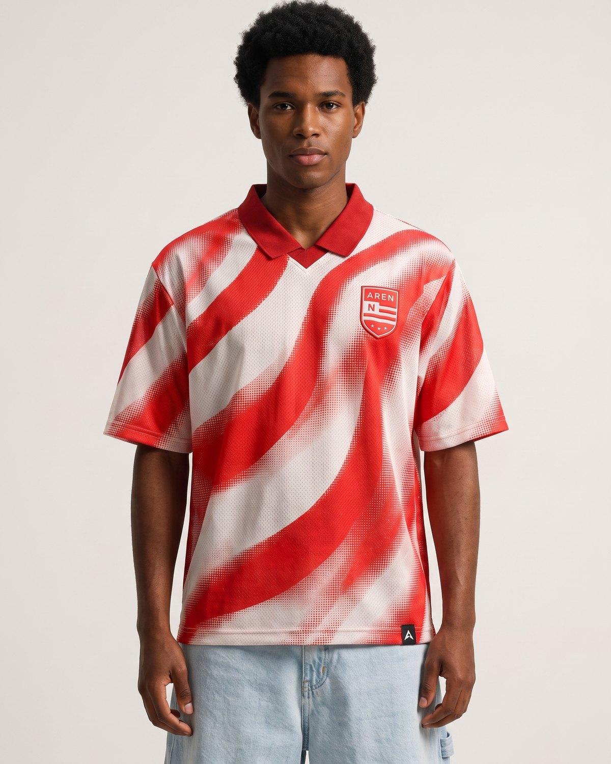 Camisa Corrente 01 em vermelho e branco com estampa diagonal em ondas