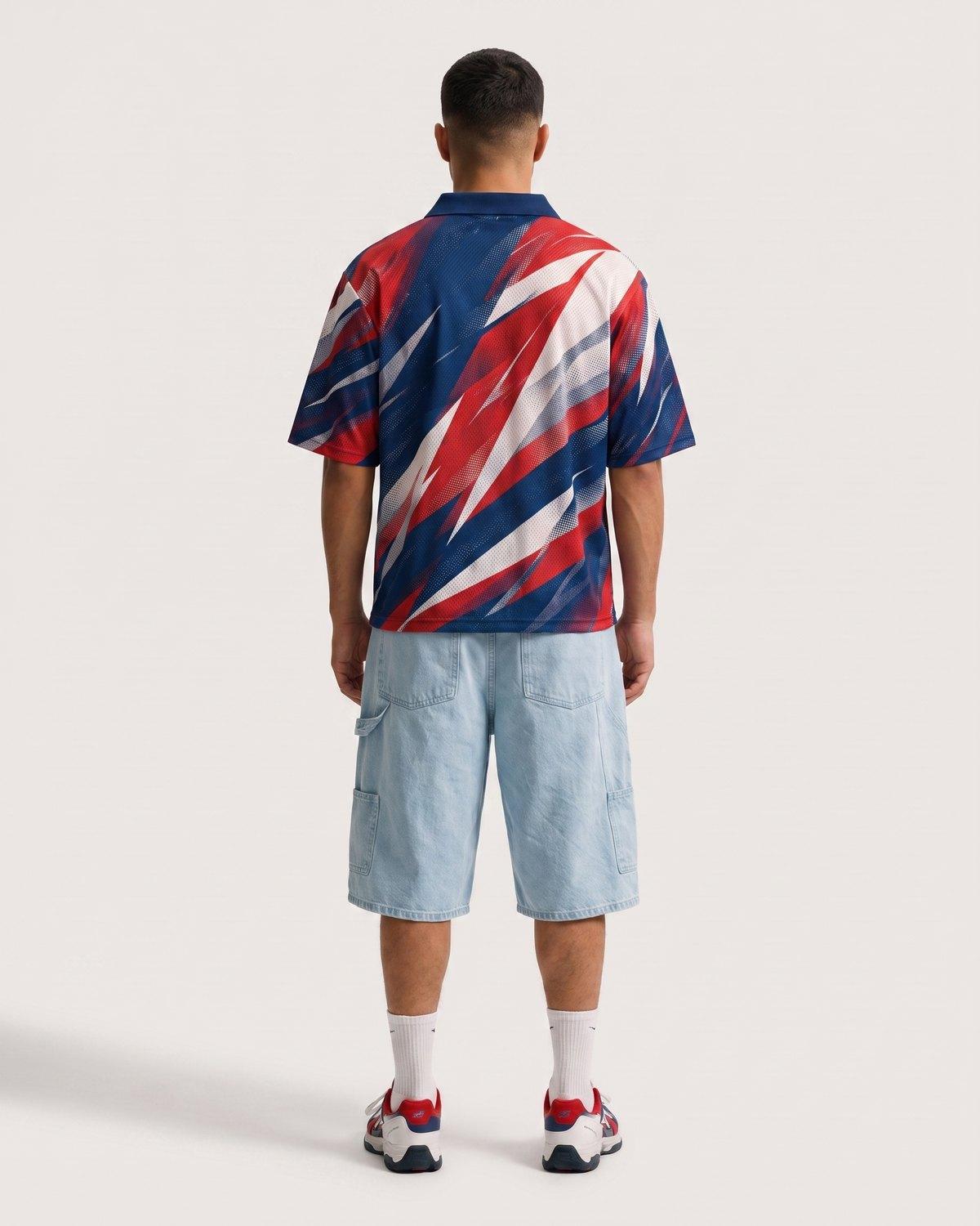 Camisa Fortaleza 02 tricolor azul-marinho, vermelho e branco com diagonais afiadas