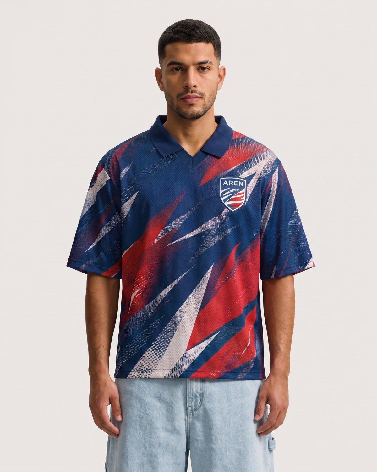 Camisa Fortaleza 02 tricolor azul-marinho, vermelho e branco com diagonais afiadas