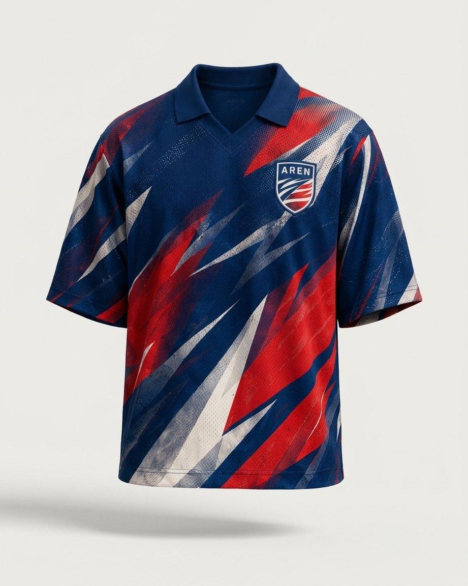 Camisa Fortaleza 02 tricolor azul-marinho, vermelho e branco com diagonais afiadas