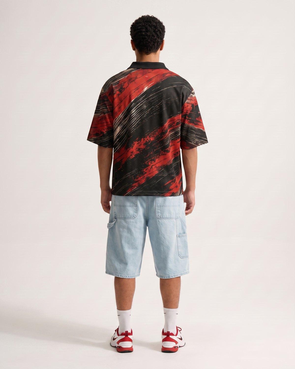 Camisa Rubro 05 em preto, vermelho e off-white com estampa grunge de pinceladas