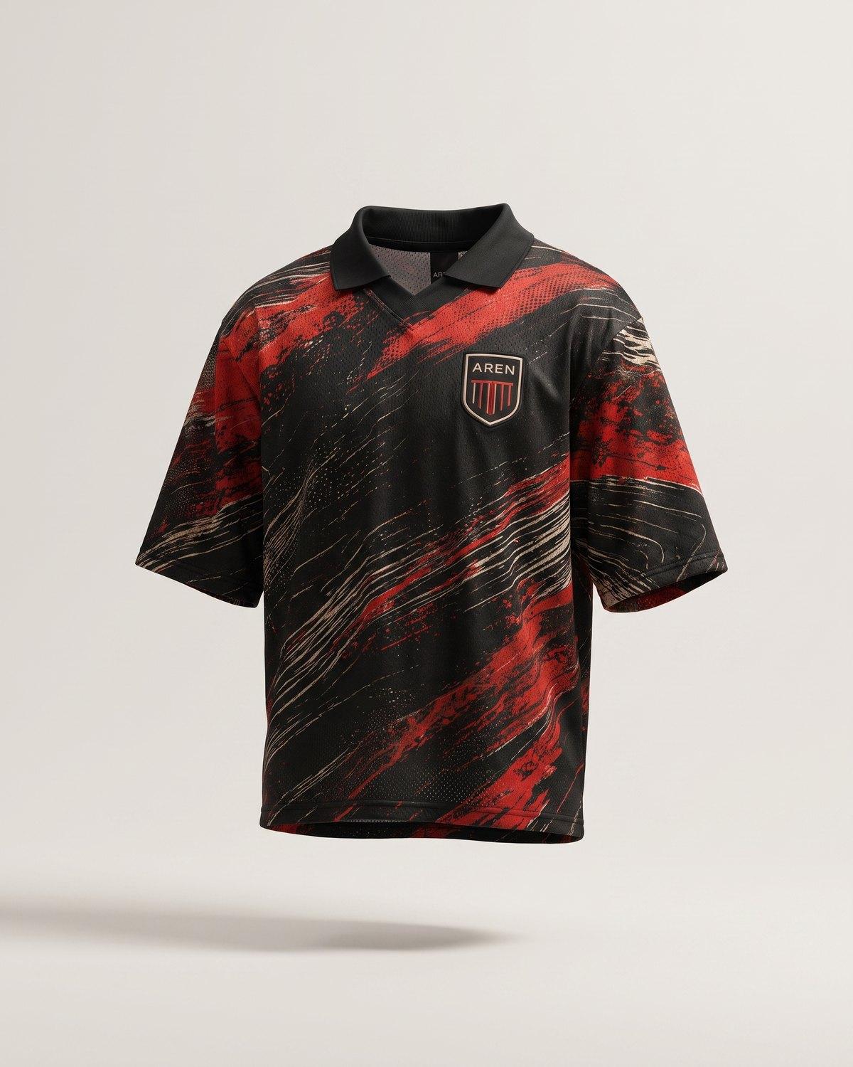 Camisa Rubro 05 em preto, vermelho e off-white com estampa grunge de pinceladas