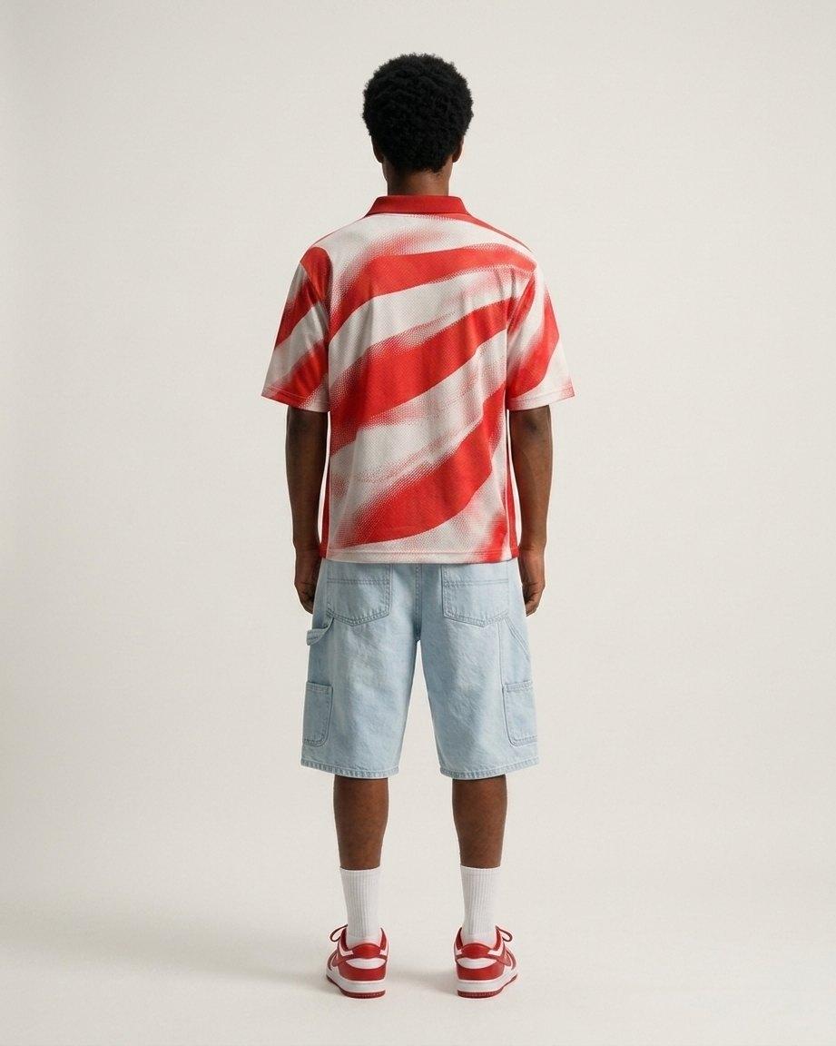 Camisa Corrente 01 em vermelho e branco com estampa diagonal em ondas